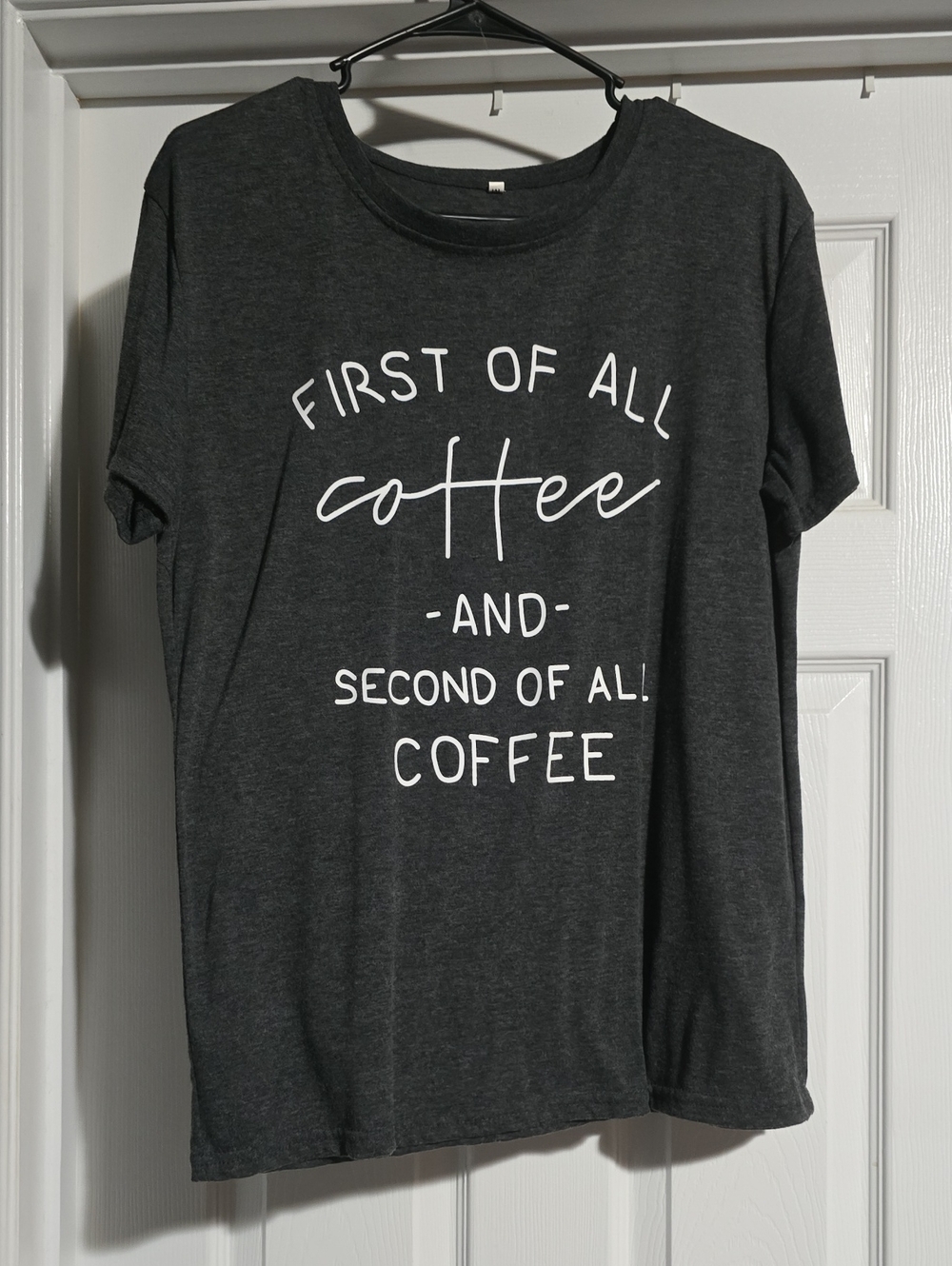 Charcoal 'First of All Coffee' Short Sleeve Graphic Tee